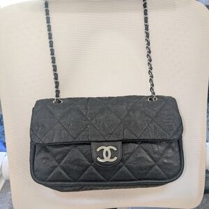 Authentic Chanel Le Marais Ligne Quilted Coated Canvas Flap Bag - Black